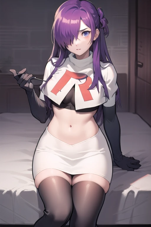 masterpiece, best quality, shez, hair over one eye, looking at viewer, team rocket,team rocket uniform,white skirt,red letter R,crop top,black thigh-highs,black elbow gloves