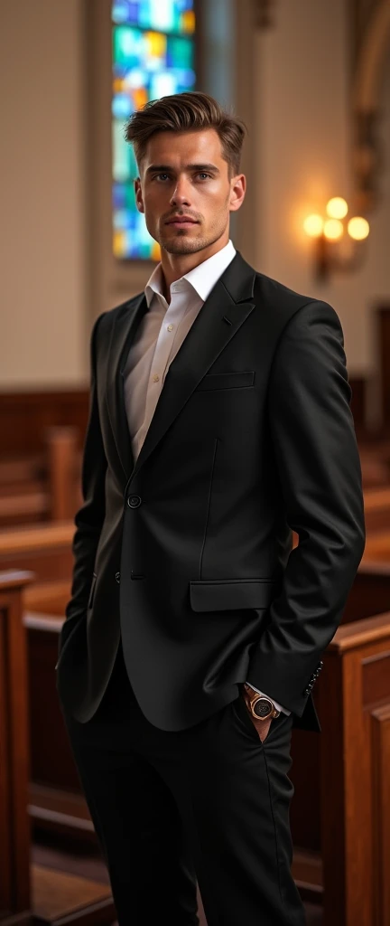 Generate an ultra realistic full body image of a young pastor, he must be elegant and with the appearance of someone who is talking about the Bible, looking frontally and not smiling