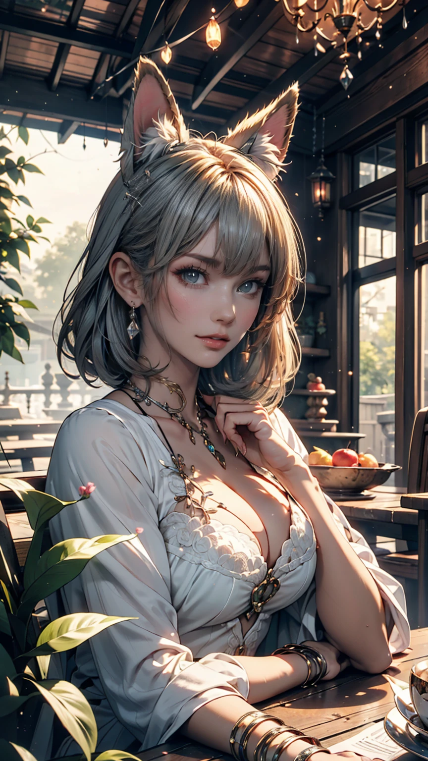 masterpiece, Highest quality,Very detailed,Hyper Details, cinematic Light,, One person, alone, sit, Outdoor, Summer House, sitting in the Summer House, plant, table, chandelier, Candles, Wind, Green Eyes, Pangreen silver hair, short hair, animal_ears, animal_ear_Fluff, Floating Hair, Light, Light frown, profile,View your viewers, dynamic_angle