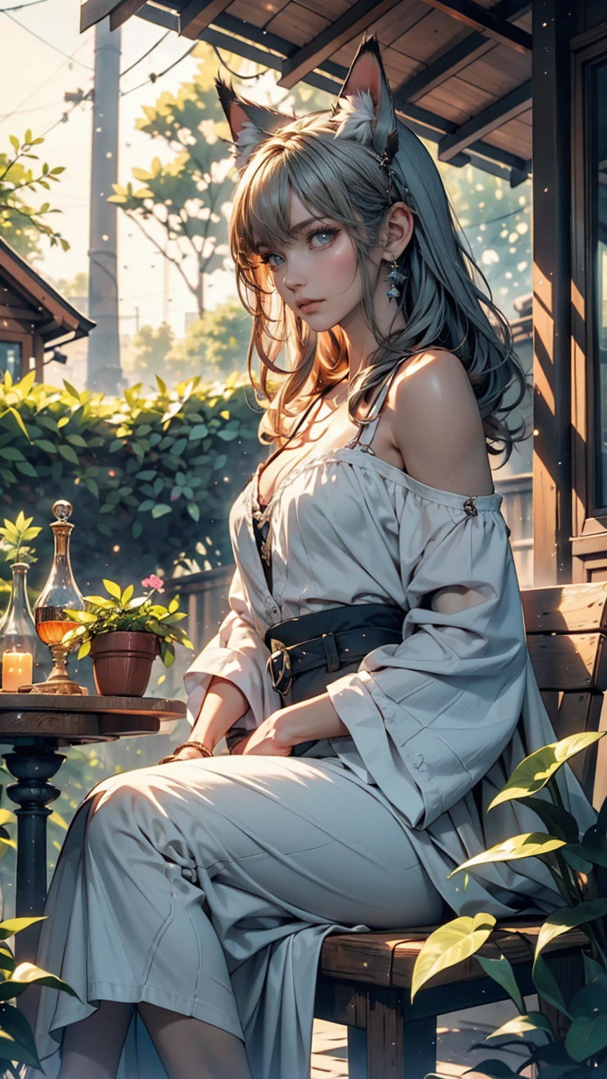 masterpiece, Highest quality,Very detailed,Hyper Details, cinematic Light,, One person, alone, sit, Outdoor, Summer House, sitting in the Summer House, plant, table, chandelier, Candles, Wind, Green Eyes, Pangreen silver hair, short hair, animal_ears, animal_ear_Fluff, Floating Hair, Light, Light frown, profile,View your viewers, dynamic_angle