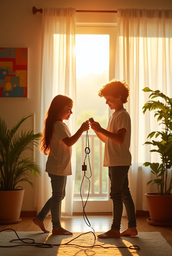 A girl and a boy in their home unplugging the chargers , opening curtains to let in light
