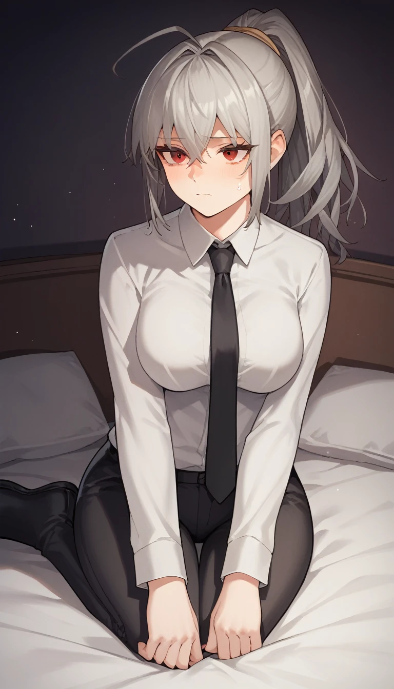 score_9, score_8_up, score_7_up, source_anime, 1girl, red eyes, room, wariza, ponytail, grey hair, portrait, blazer, starshadowmagician, solo, Adult woman, best perfect anatomy, thin, curvy body, medium breasts, curvy body, close up shot on person suffering from anxiety, cry face, a woman showing sadness, lonely woman, a woman sitting in bed, white shirt, black tie, Long-sleeved shirt, black trousers, dynamic angle. no light source, dark background, night days, dark hotel bedroom background, 