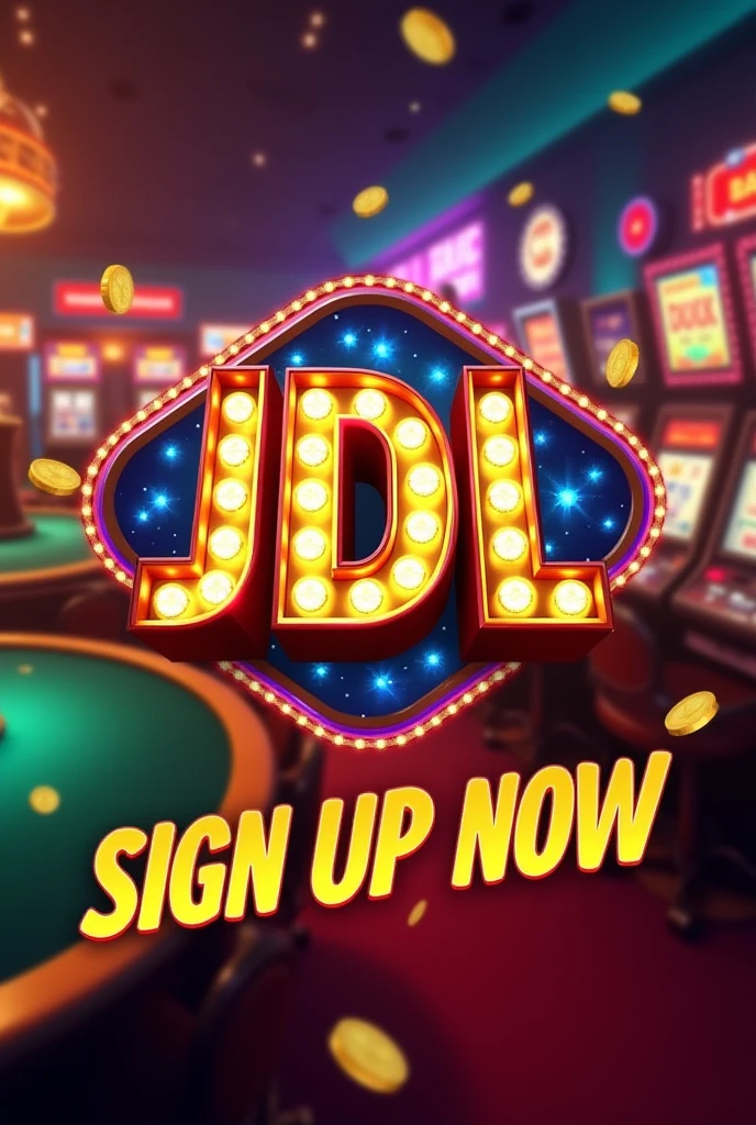 no human, only background, casino background, gambling, promoted casino, animated, advertising, branded casino name: JDL, writing "SIGN UP NOW" to promote the casino