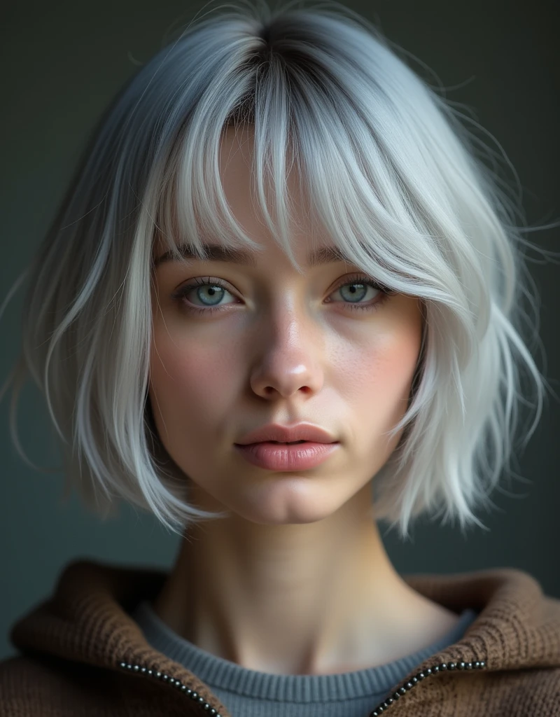 (RAW photo, best quality, masterpiece: 1.2), (photorealistic: 1.4), best lighting, 20 years old, (light gray hair, short bob cut, hair in 7 thirds, hair over one ear, Symmetrical eyes, fair skin, solo, Detailed Skin, Detailed Background:1.2),　Polish girls,