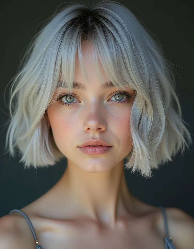 (RAW photo, best quality, masterpiece: 1.2), (photorealistic: 1.4), best lighting, 20 years old, (light gray hair, short bob cut, hair in 7 thirds, hair over one ear, Symmetrical eyes, fair skin, solo, Detailed Skin, Detailed Background:1.2),　Polish girls,