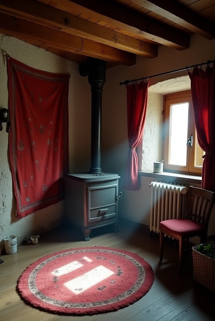 an old small nostalgic balkan house, red carpets on the walls, stove in the middle of the room, gloomy light beam