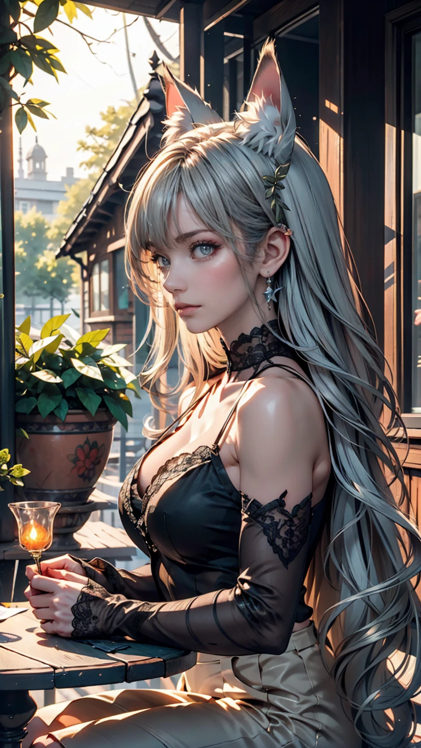 masterpiece, Highest quality,Very detailed,Hyper Details, cinematic Light,, One person, alone, sit, Outdoor, Summer House, sitting in the Summer House, plant, table, chandelier, Candles, Wind, Green Eyes, Pangreen silver hair, short hair, animal_ears, animal_ear_Fluff, Floating Hair, Light, Light frown, profile,View your viewers, dynamic_angle