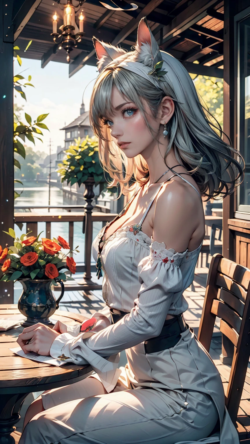masterpiece, Highest quality,Very detailed,Hyper Details, cinematic Light,, One person, alone, sit, Outdoor, Summer House, sitting in the Summer House, plant, table, chandelier, Candles, Wind, Green Eyes, Pangreen silver hair, short hair, animal_ears, animal_ear_Fluff, Floating Hair, Light, Light frown, profile,View your viewers, dynamic_angle