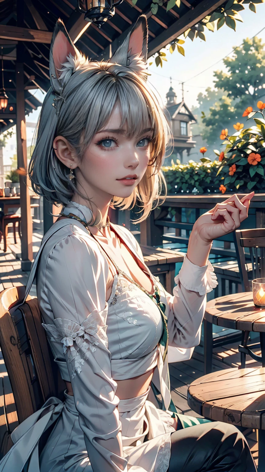 masterpiece, Highest quality,Very detailed,Hyper Details, cinematic Light,, One person, alone, sit, Outdoor, Summer House, sitting in the Summer House, plant, table, chandelier, Candles, Wind, Green Eyes, Pangreen silver hair, short hair, animal_ears, animal_ear_Fluff, Floating Hair, Light, Light frown, profile,View your viewers, dynamic_angle