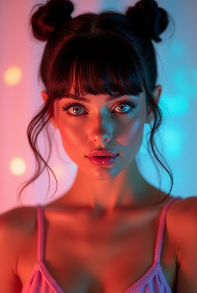 Mexican A beautiful pale-skinned Latina , eyes blue, full body, perfect body, two buns, straight bangs, (best quality,4k,8k,highres,masterpiece:1.2),ultra-detailed,(realistic,photorealistic,photo-realistic:1.37),HDR,UHD,studio lighting,ultra-fine painting,sharp focus,physically-based rendering,extreme detail description,professional,vivid colors,bokeh,portraiture,glamour,sensual,alluring, in style of Retna, full body portrait
