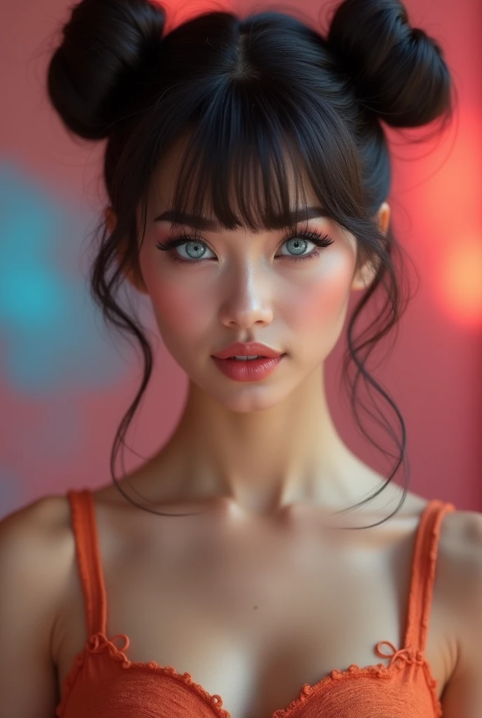 Mexican A beautiful pale-skinned Latina , eyes blue, full body, perfect body, two buns, straight bangs, (best quality,4k,8k,highres,masterpiece:1.2),ultra-detailed,(realistic,photorealistic,photo-realistic:1.37),HDR,UHD,studio lighting,ultra-fine painting,sharp focus,physically-based rendering,extreme detail description,professional,vivid colors,bokeh,portraiture,glamour,sensual,alluring, in style of Retna, full body portrait