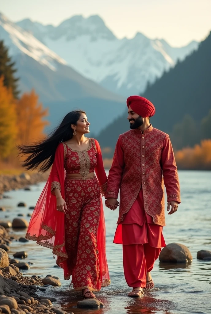 Generate a very cute  with black long hair wearing an intricate punjabi style in red smiling while a handsome man with a strong body take a walk while holding hands and smiling, a beautiful snowy mountain and the flowy river with small stones at the river bank as the background. Sofr lighting, highly-detailed, realistic, ultra-sharp, surrealism. 