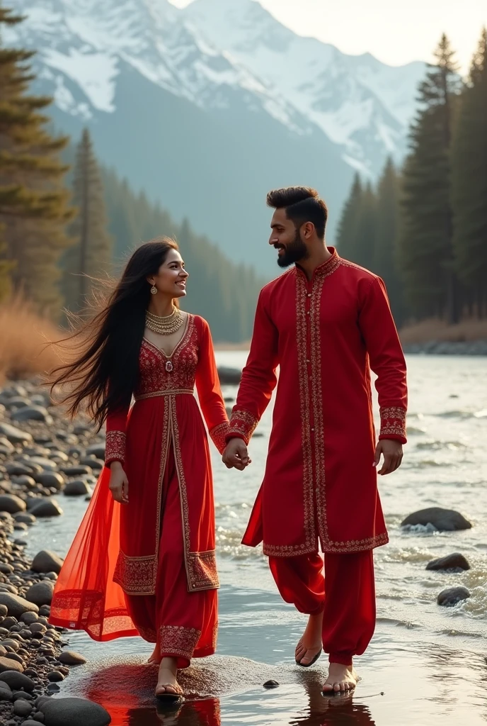 Generate a very cute  with black long hair wearing an intricate punjabi style in red smiling while a handsome man with a strong body take a walk while holding hands and smiling, a beautiful snowy mountain and the flowy river with small stones at the river bank as the background. Sofr lighting, highly-detailed, realistic, ultra-sharp, surrealism. 