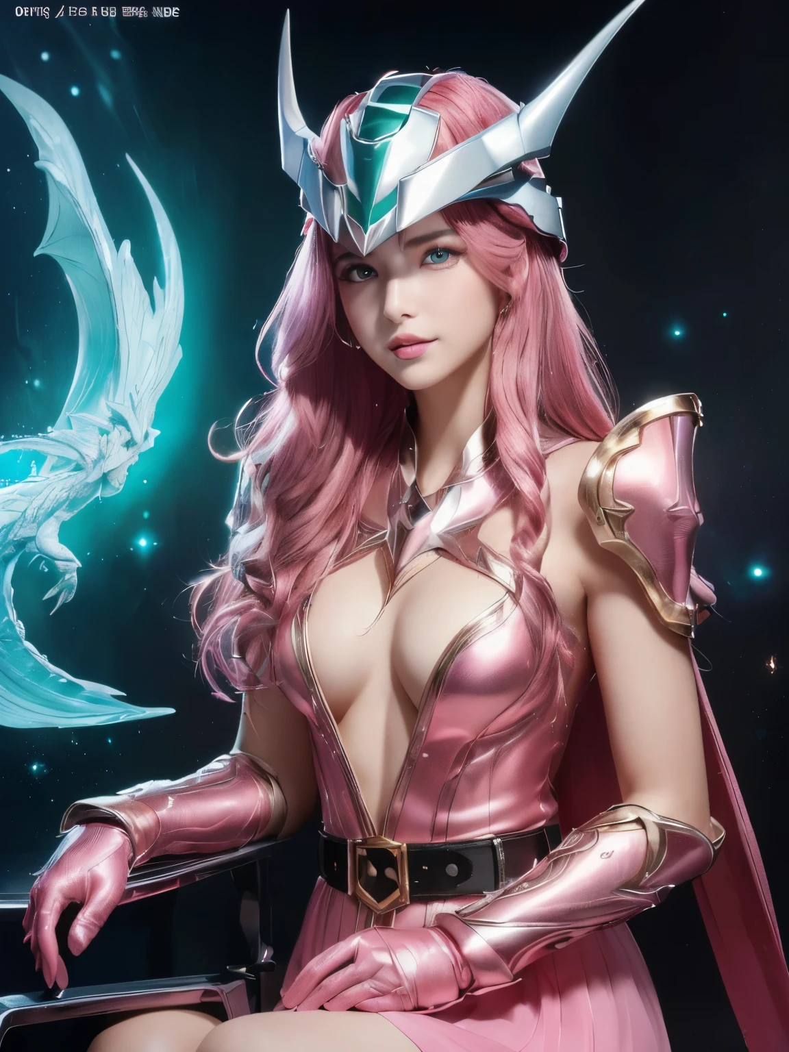 (masterpiece:1.3), (8k, photorealistic, RAW photo, best quality: 1.4), (1girl), beautiful face, (realistic face), (pink hair, long hair:1.3), beautiful hairstyle, realistic eyes, beautiful detailed eyes, (realistic skin), beautiful skin, (sweater), absurdres, attractive, ultra high res, ultra realistic, highly detailed, golden ratio(ultra realistic,32k,RAW photo:1.1),(high detailed skin:1.1), 8k uhd, dslr, high quality, film grain, (makeup, mascara:1.1), lips,(thick\lips\), (shiny glossy translucent clothing:1.1), 1 girl, Balanced Eyes, Andromeda Shun, pink armor, Chest, Red hair, pink helmet, Blue eyes,official art, extremely detailed, incredibly absurdres, looking at the audience, elegant attire, gentle expression, subtle blush, warm skin tones, ethereal lighting, soft shadows, a sharp nose, white skin, and a soft face, (best quality, highres:1.2), 1girl, beautiful detailed eyes, beautiful detailed lips, extremely detailed eyes and face, long eyelashes, medium, HDR, studio lighting, sharp focus, blmpony, aqua hair ribbon:1.3, braided ponytail, pink shirt, belt, scarf, pink skirt under , clothes writing, brown gloves,, medium breast, (looking at viewer, sitting, crossed legs:1.1), (radiant:1.1),dark theme, dragon's breath grotto, billowing dragon breath, hidden treasure, cavernous sanctuary,physically-based rendering, extreme detail description,perfect shape, facing viewer, sweaty, gorgeous, appearing in full frame, ung girls, good-looking, Beautiful fair skin and luster, Beautiful eyes are big and bright, Small mouth and thin lips, Goodness of style and slenderneseautiful medium breast:1.5), beautiful girl illuminated by seven colors of light, Irridescent color, show nipples, medium breasts, show vagina, spread legs, soft lighting body.