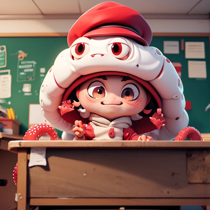 Axolotl Beetle, Circle Eye, Dot Pupils, Zig Zag Mouth, Red beret, White Vest, six tentacles legs, Scared, Desk in Classroom