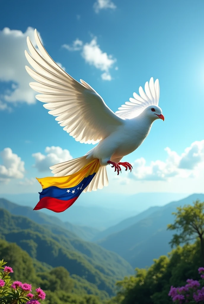 bird of peace, carrying the flag of Venezuela in its beak, flying 