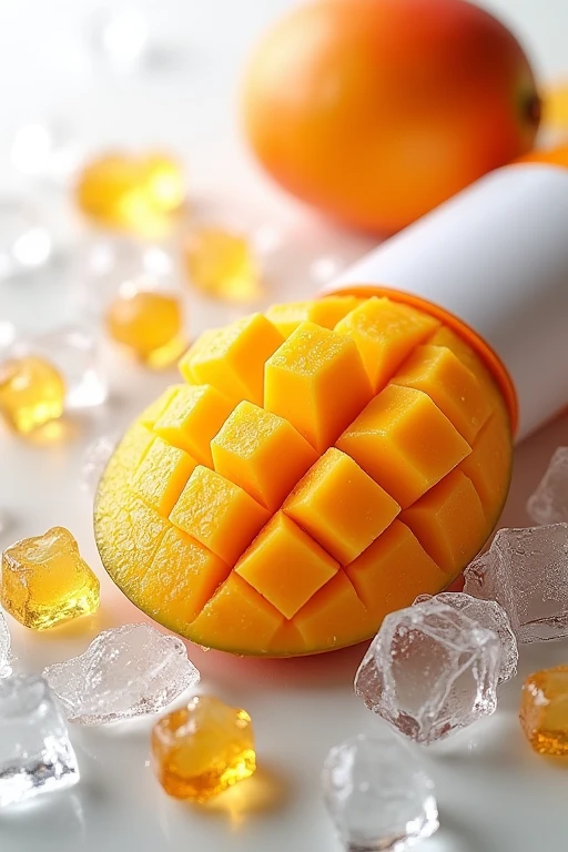 A microscopic depiction of a mango product, a package next to it, and pieces of soft ice scattered with water covering the bottle with magical touches, an isolated white background, white label on bottle, very realistic, ultra hd, 8k, detailed