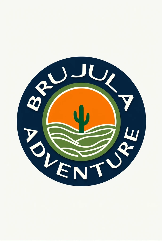 I want a circular logo where it has a thick navy blue border inside the white letters that say "Brujula Adventure" around the edge, Then inside another thinner border of green and inside the circle that is orange and has an illustration of some hollows with a single cactus