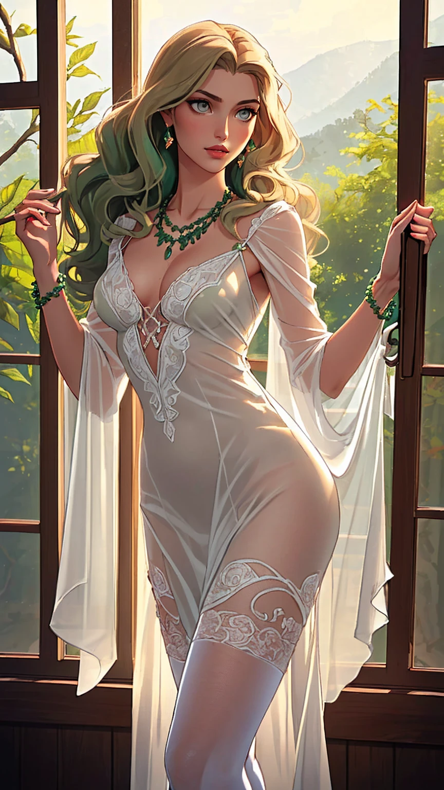 240710B. Masterpiece. A hyper realistic image of Claire. Beautiful woman. ((Perfect body)). Sexy. Slim. ((Solo)). ((Kepler-186f. In the Serene, eco-friendly room with large windows overlooking a forested landscape. Standing gracefully by a glass wall, dress flowing around her. Flowing, ethereal dress with vine-like patterns and soft, flowing fabric. Green sheer stockings. Hairstyle: Loose, soft waves with green highlights. Makeup: Soft green eyeshadow, natural lips. Leaf-shaped necklace, vine bracelet.)). (See-through, bare pantyhose). ((Show erected small areolas thru clothes)). ((Show trimmed vulva)). ((Divine features, oval face)). Graceful presence. (Captivating and perfect grey eyes). (Silky blonde hair). Rosy tint complexion. Captivating smile with enchanting lips. Slender figure. ((Perfect hands)). Sense of style with alluring charm. Effortless elegance, sophisticated. ((High fashion image)). (((((Cowboy shot))))).