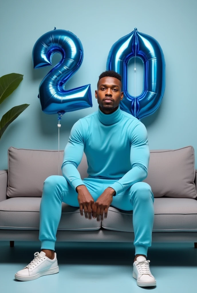 best qualityer:1.4), (ultra high resolution:1.2), (photorrealistic:1.4), (8k, CRU photo:1.2), 1 young man, 20 years old, thin, skin black, with a smooth, beardless face, with short hair with shaved sides and a low top, similar to the fade or taper haircut style, baby blue long sleeve turtleneck shirt. Baby blue dress pants. White sneakers. He is sitting on a gray sofa. You are in a photography studio with a gray background. On the wall there are blue balloons shaped like the number 20. The hair on top is well cut.