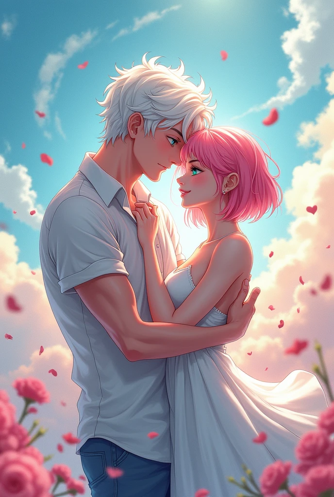 Drawing of a man holding a woman princess style, conceptual art of love, fan art, inspired by Gege Akutami, the woman has short pink hair and green eyes, with a beautiful smile, the man has white hair and blue eyes, clear skin,smile, high, muscular. anime, Whole body