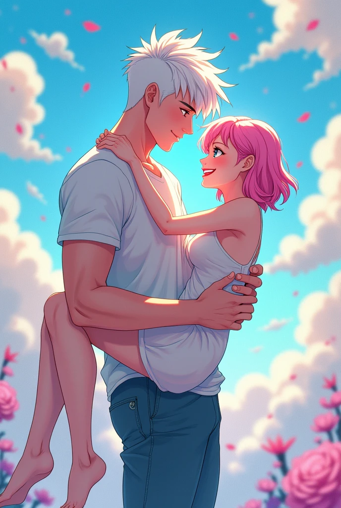 Drawing of a man holding a woman princess style, conceptual art of love, fan art, inspired by Gege Akutami, the woman has short pink hair and green eyes, with a beautiful smile, the man has white hair and blue eyes, clear skin,smile, high, muscular. anime, Whole body