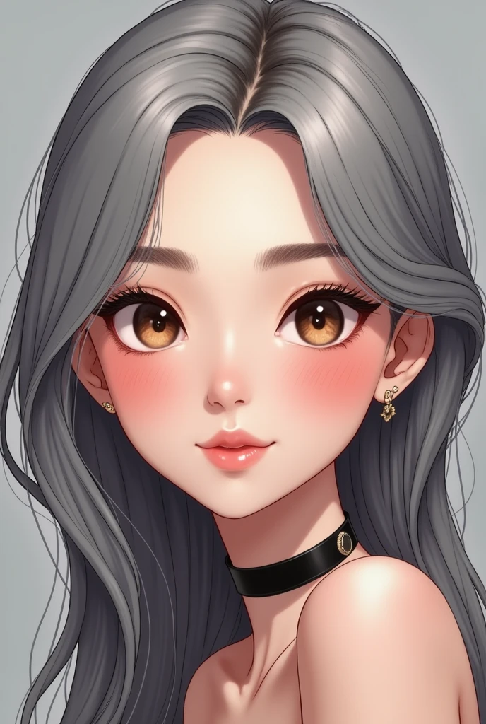 cute, ultra-detailed, illustration, convoluted, detailed, extremely detailed, detailed face, soft lighting, soft light, soft focus, perfect face, beautiful, precisely anatomy, overexposure, 8k, 4K, (mackerel:1.1), best quality, (masterpiece:1.3), 1 woman, alone, bijouterie, brown eyes, looking at viewer, earring, gray hair, forehead, choker, closed mouth, portrait, see, headdress, simple background, gray background, long hair, Headrest, Lips, hair curtsey, black choker, curtsey, Eyelashes