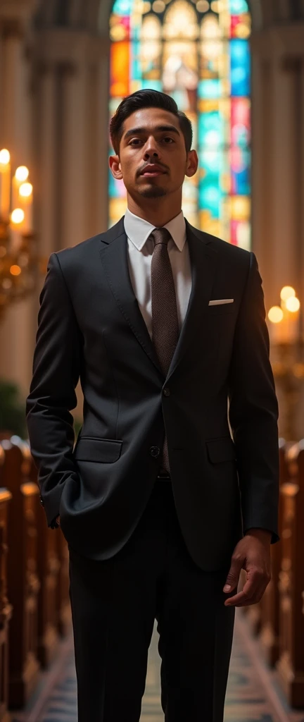 Generate an ultra realistic full body image of a young pastor, he must be elegant and with the appearance of someone who is talking about the Bible, looking frontally and not smiling