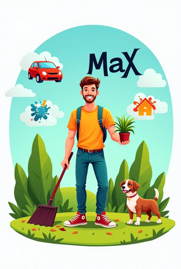Create a logo with the following data (collecting/ raking dry leaves and planting plants, washing cars, painting houses, walking dogs) The logo must be specific in each representation and eye-catching and creative., You must have a young man as a reference and his name is Max