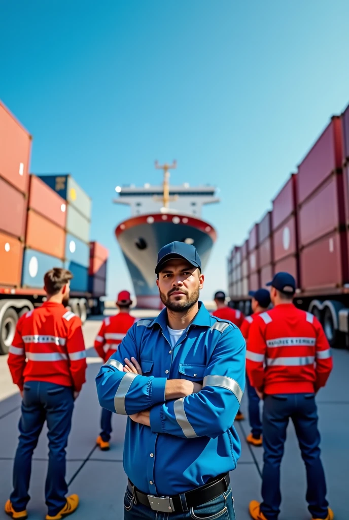 A security technician is at the center of a busy scene at a port, instructing a group of truck drivers. The technician wears blue high visibility clothing with reflective strips, while the drivers, in red long sleeve shirts also with reflective stripes, form a semicircle around him, paying attention. No fundo, there is a dynamic port landscape with several stacked containers, trucks and a large ship docked. The scene emphasizes the importance of safety and organization in an active maritime environment.."