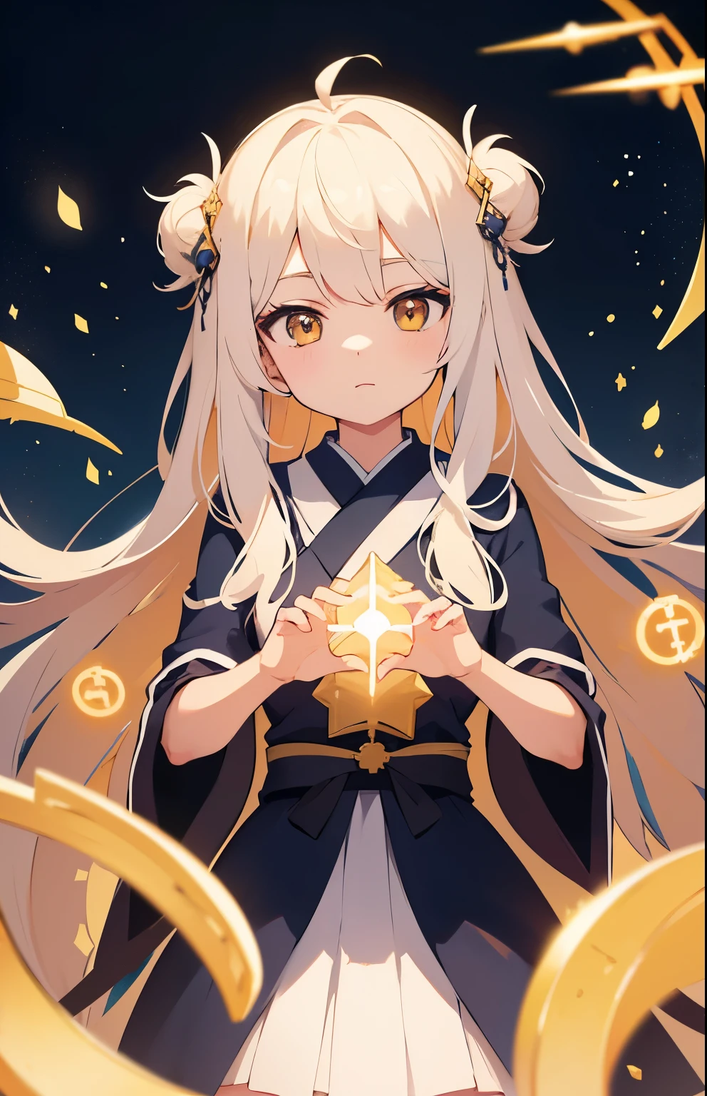 Create a meme illustration themed around 'HODL Faith Healer' featuring a cute girl in the style of a Japanese anime character as the main focus. The overall color scheme should be yellow. The anime girl should have a serene and hopeful expression, perhaps dressed in a healer's outfit, with glowing hands or a mystical aura around her. She could be holding a symbolic item like a glowing Bitcoin or a staff with crypto symbols, representing the concept of healing and restoring faith in HODLing. Include subtle elements like light rays or ethereal symbols to emphasize the spiritual theme.