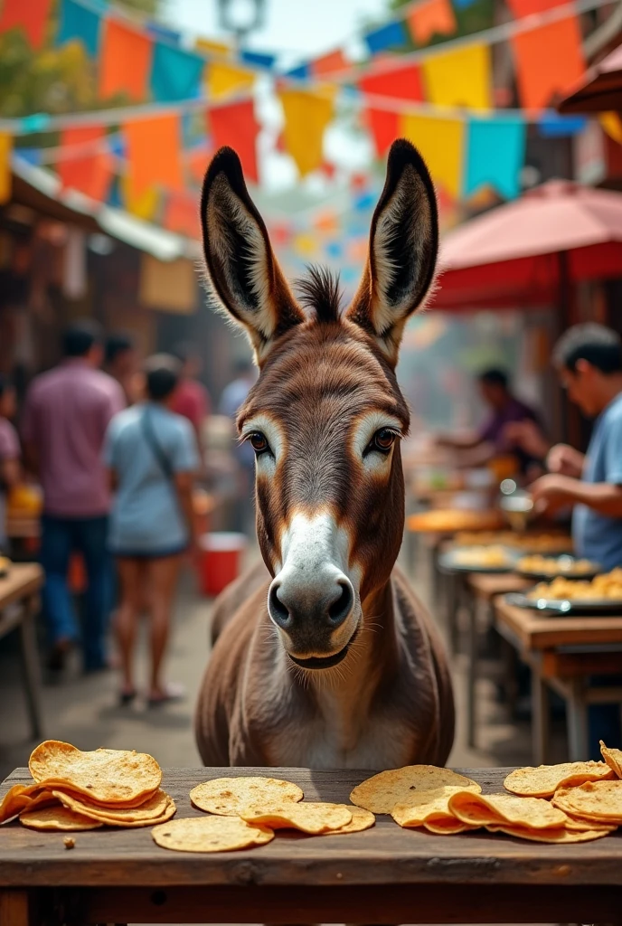Create an image, of a donkey with a very big head The bigger the head The donkey has to be in a place where they sell Mexican snacks, You have to see the name of tortas sagundo It is a single establishment, The place is characterized by having tortillas, full of fat, hot pans