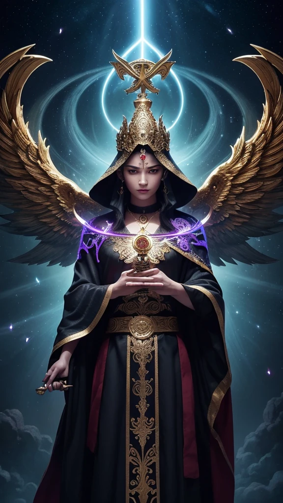 **Prompt:** Create a detailed image of a deity who administers sins and punishments in a mythological setting. The deity should have an imposing and authoritative presence, with a stern expression and a commanding posture. They are adorned with traditional, elaborate robes and hold a symbolic artifact like a gavel or a scroll that represents judgment. The background should be a dramatic and dark celestial realm, with ominous clouds and piercing light beams, reflecting the seriousness of their role. Include elements such as ethereal chains or scales of justice to emphasize the theme of punishment and judgment.