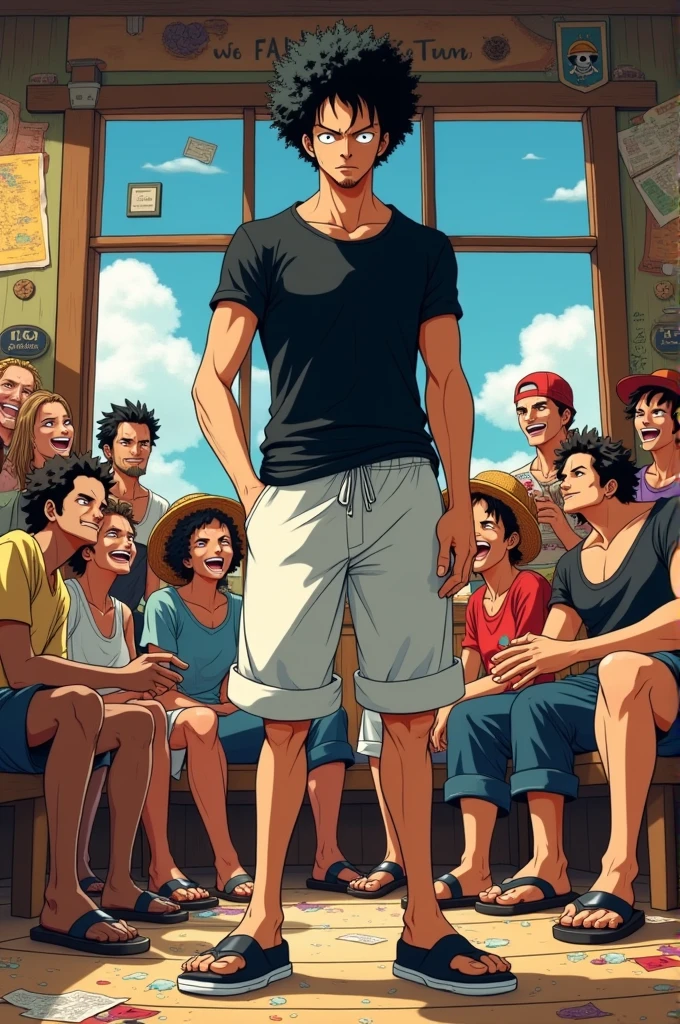 The Monkey D Luffy crew having fun with A  19 year old black man in one room with an afro. He is one meter 76 tall and weighs 45 kilos. He has a black t-shirt tightened to his abs and arms. And his t-shirt has short sleeves. At the bottom, he wears slightly wide and white jogging pants. And on his feet, he wears Nike slides. He has brown eyes, black hair, he has the Toshi Toshi no mi fruit. Il se nomme Kozuki Sujiro et il est animé
