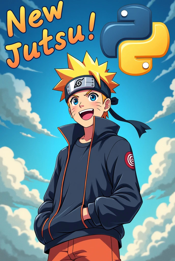 Generate a image for a programmer who has learn python programming language and want to announce in anime style as he's greatest anime fan especially python, so the image would containing Naruto from shipuddenannouncing new Jutsu excitingly and on top uee python programming language logo, also add a caption as new Jutsu on the image, also add python programming language logo