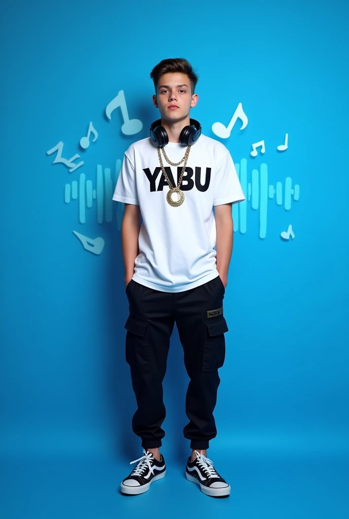 **Profile Picture Design Concept:**
- **Background**: A bold, solid color or a subtle gradient, like deep blue, red, or purple, that aligns with your brand.
- **Main Element**: A well-lit, high-energy photo of a 17-year-old white boy with a handsome appearance. He’s wearing a long white hip-hop T-shirt with "YABU" prominently written on it, black cargo pants, and OG sneakers. He has headphones around his neck and is wearing a piece of jewelry, like a chain, to complete the look.
- **Text**: Since "YABU" is already on the T-shirt, additional text isn't necessary. The T-shirt should be the focal point.
- **Additional Elements**: Consider subtle music-related graphics or abstract designs in the background to enhance the overall look while keeping the focus on the main image.
This design will create a stylish and professional profile picture that stands out on YouTube.