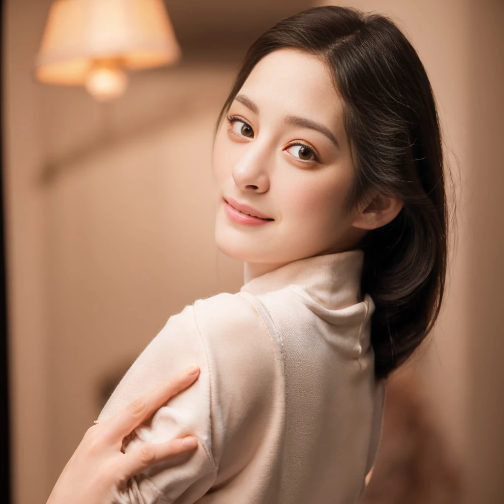 a gorgeous smiling cute Japanese woman in a minimal rose gold striped turtleneck outfit, delicate facial features, porcelain-skinned, ponytail, a fusion of young Marion Cotillard's striking eyes and young Anne Hathaway's introspective gaze, long and slender cute face, Asian winged eyes, wavy nose, full wide lips, windy tousled very long straight black hair, reaching out her hand to the viewer and snapping her fingers, silhouette, bokeh, cyber glamorous lighting background,