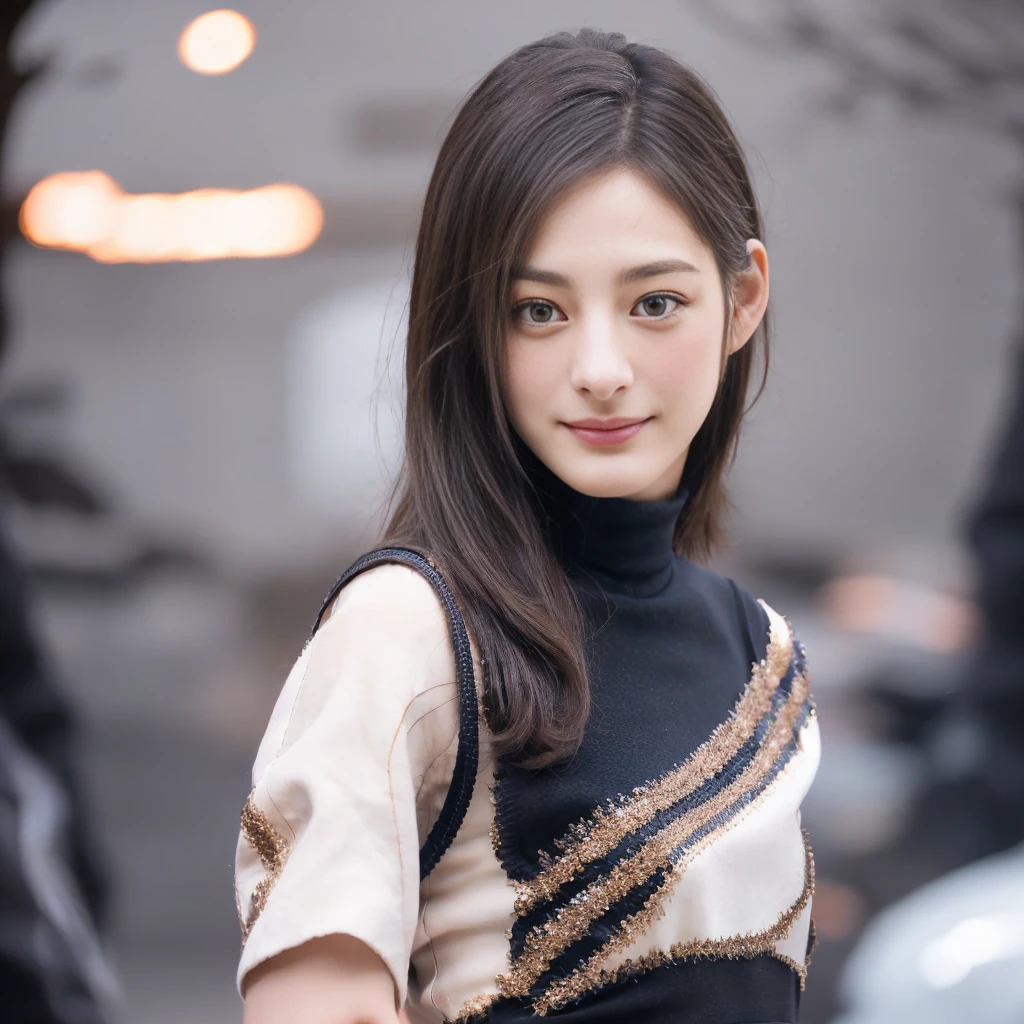 a gorgeous smiling cute Japanese woman in a minimal rose gold striped turtleneck outfit, delicate facial features, porcelain-skinned, ponytail, a fusion of young Marion Cotillard's striking eyes and young Anne Hathaway's introspective gaze, long and slender cute face, Asian winged eyes, wavy nose, full wide lips, windy tousled very long straight black hair, reaching out her hand to the viewer and snapping her fingers, silhouette, bokeh, cyber glamorous lighting background,