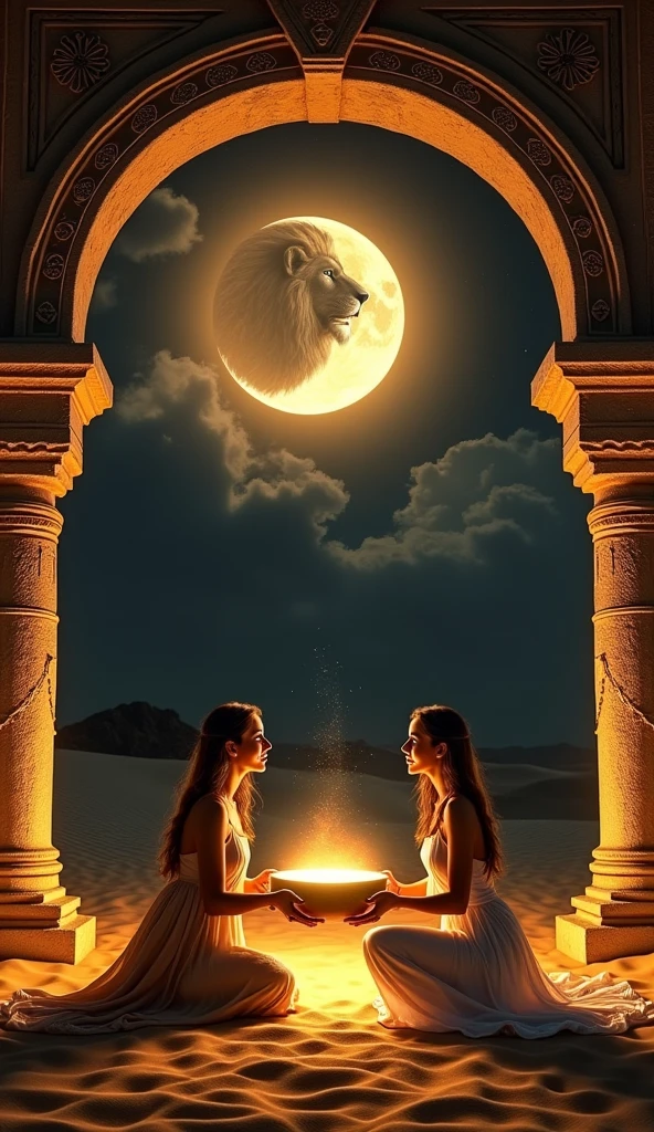 "In a mystical desert scene under an arch adorned with ancient carvings, two women dressed in flowing, elegant garments kneel at the forefront, holding a large, glowing bowl between them. They gaze upward at a majestic, ethereal lion's head that appears in the sky, illuminated by a crescent moon symbolizing the astrological sign of Leo. The night sky is dark, with the full moon in Leo casting a golden glow over the scene, imbuing it with power and mystery."