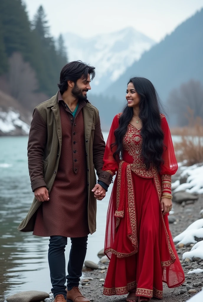 Generate a very cute with black long hair wearing an intricate punjabi style in red smiling while a handsome man with a strong body take a walk while holding hands and smiling, a beautiful snowy mountain and the flowy river with small stones at the river bank as the background. Sofr lighting, highly-detailed, realistic, ultra-sharp, surrealism.