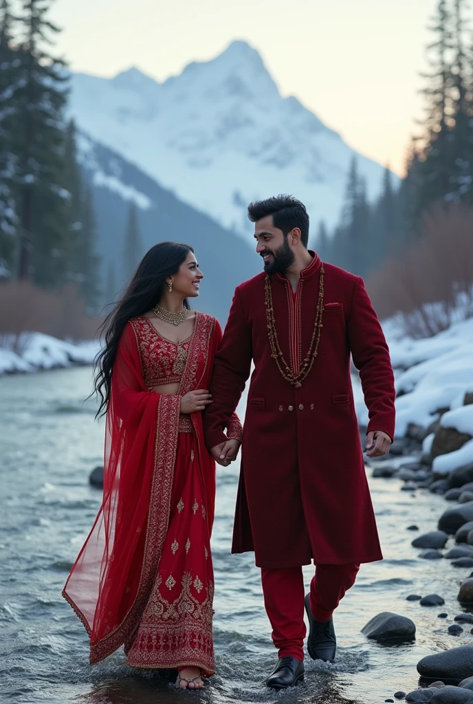 Generate a very cute with black long hair wearing an intricate punjabi style in red smiling while a handsome man with a strong body take a walk while holding hands and smiling, a beautiful snowy mountain and the flowy river with small stones at the river bank as the background. Sofr lighting, highly-detailed, realistic, ultra-sharp, surrealism.