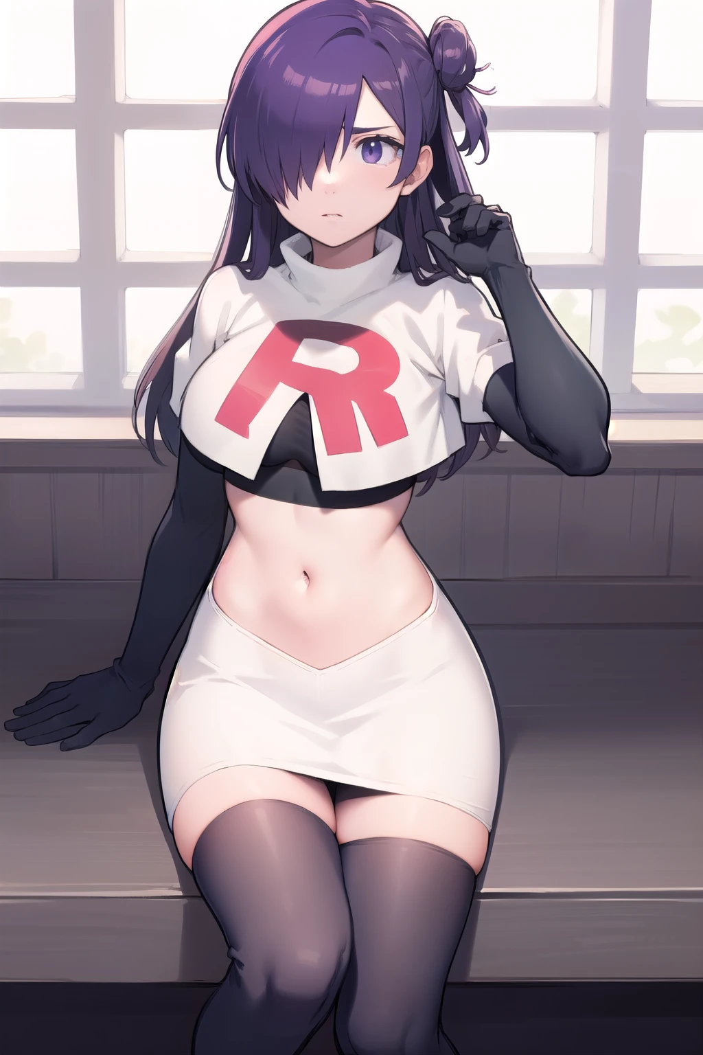 masterpiece, best quality, shez, hair over one eye, looking at viewer, team rocket,team rocket uniform,white skirt,red letter R,crop top,black thigh-highs,black elbow gloves