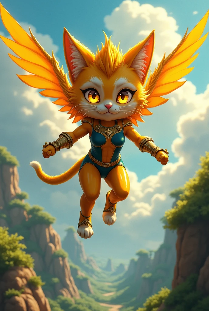 Dnd, dungeons and dragons, tabaxi, cat girl, young girl, solo, single person, golden, liquid gold fur, terminator 2, glowing gold eyes, flying, superhero, flight, cartoon, anime, masterpiece, best quality, trending art styles 