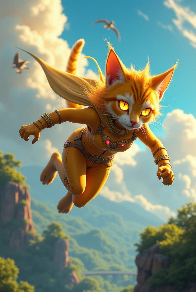 Dnd, dungeons and dragons, tabaxi, cat girl, young girl, solo, single person, golden, liquid gold fur, terminator 2, glowing gold eyes, flying, superhero, flight, cartoon, anime, masterpiece, best quality, trending art styles 