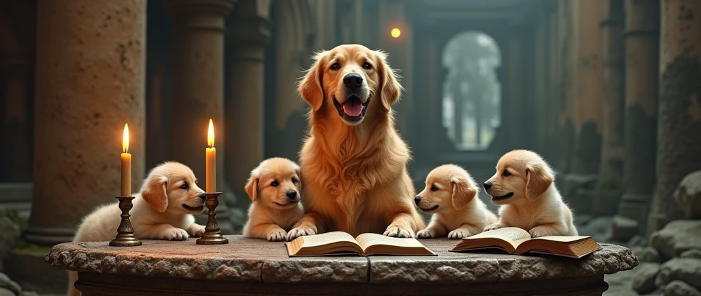 give me a daddy dog playing with his 3 children at a mystical 1800s temple table with old books nearby with his eyes glowing slightly 3 candles on the table in the distance