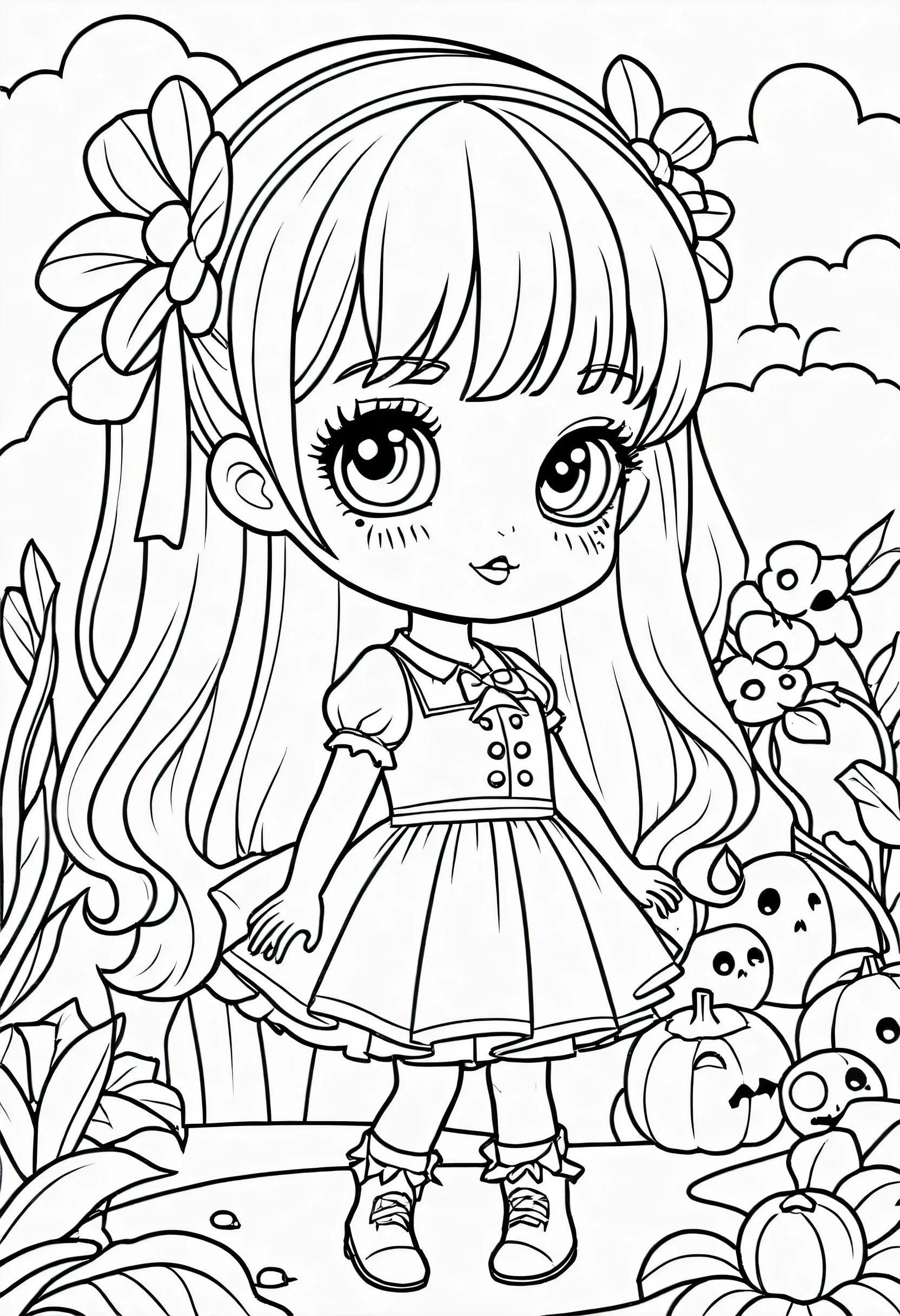 Un adorable zombie en el panteón, masterpiece, Best Quality, Line art, sleek lines, monochrome, clean lines, black and white, coloring book page