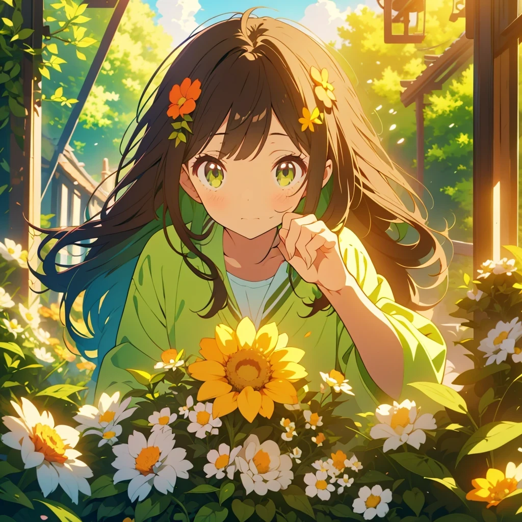 claw pose, kawaii, anime, Cute, hyper quality, highly detailed, 8k, Clarity, Draw facial expressions in detail, Girl with long dark brown hair and green eyes, surrounded by flowers, flowers, bright sky, coffee, claw pose, highlight on eyes, troubled face,