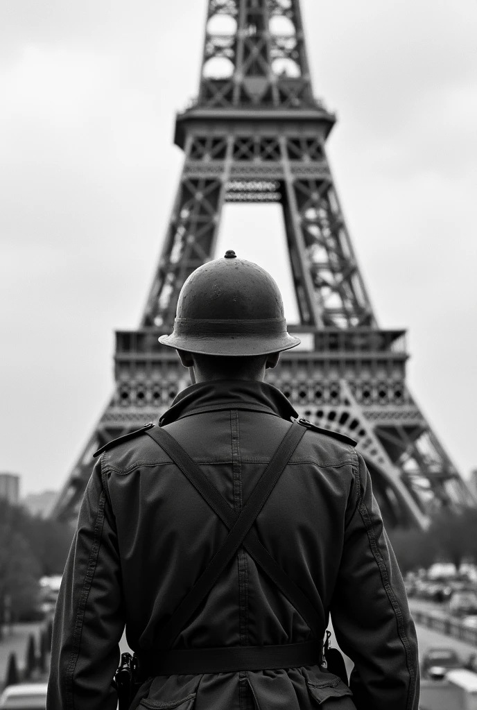 An image of a WWII soldier equipped with his helmet looking at the Eiffel Tower while the photo is taken from behind him. The image must be black and white and only the Eiffel Tower and the soldier's back must be shown.