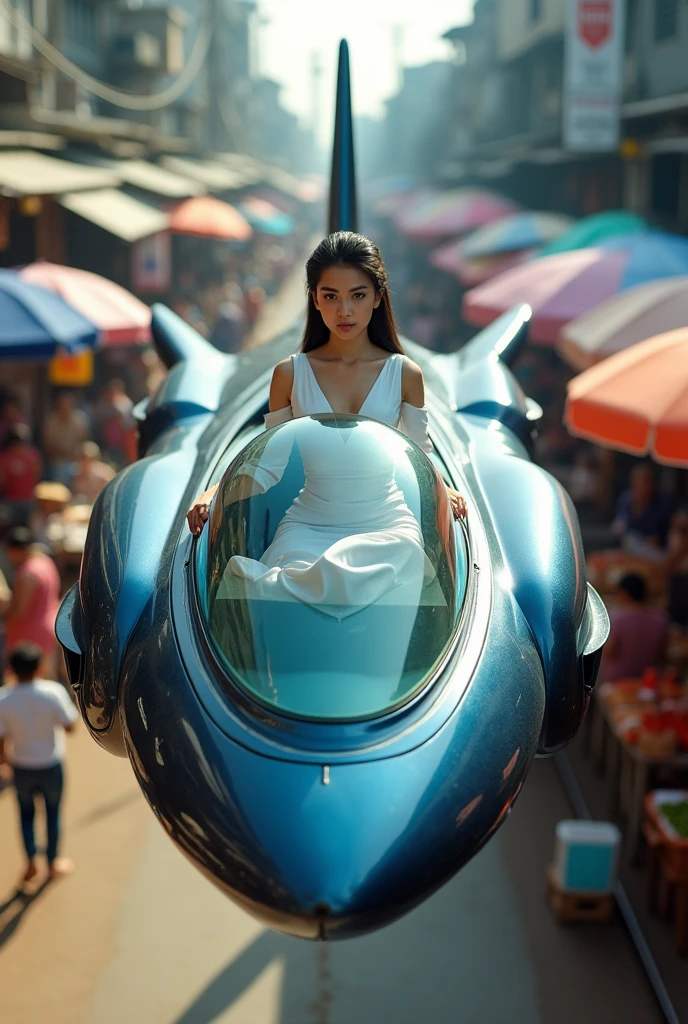 Dark Blue spaceship robot in the shape of a mackerel machine with a glass cockpit. Thai female soldier wearing a Thai dress sexy, white as a pilot. Background in the maeklong railway market, umbrellas, dynamic perspective, creative angle.