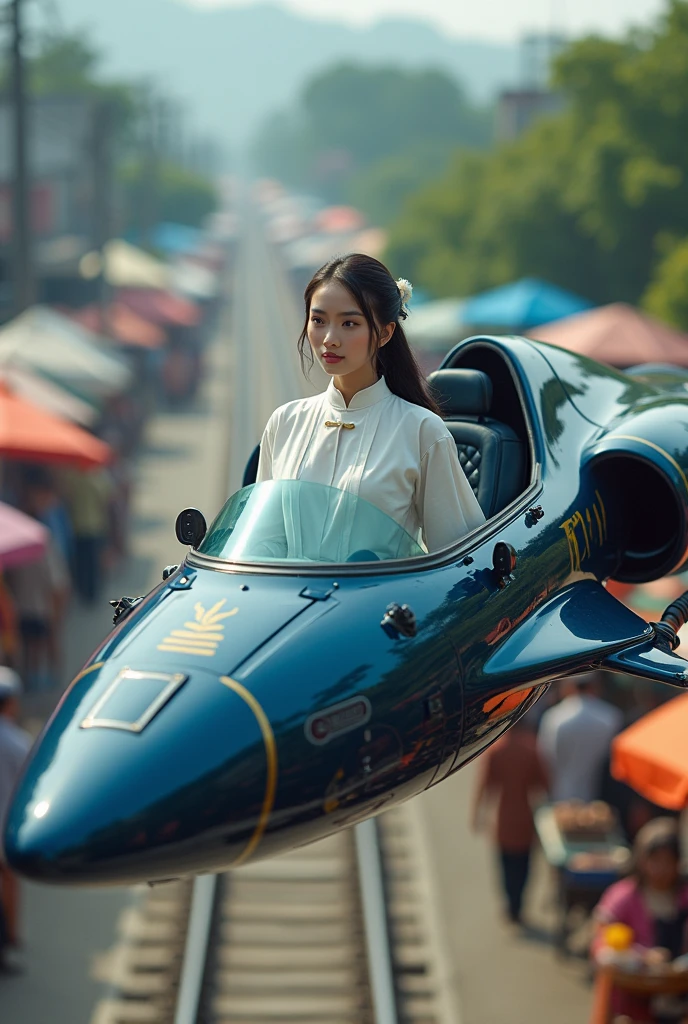 Dark Blue spaceship robot in the shape of a mackerel machine with a glass cockpit. Thai female soldier wearing a Thai dress sexy, white as a pilot. Background in the maeklong railway market, umbrellas, dynamic perspective, creative angle.